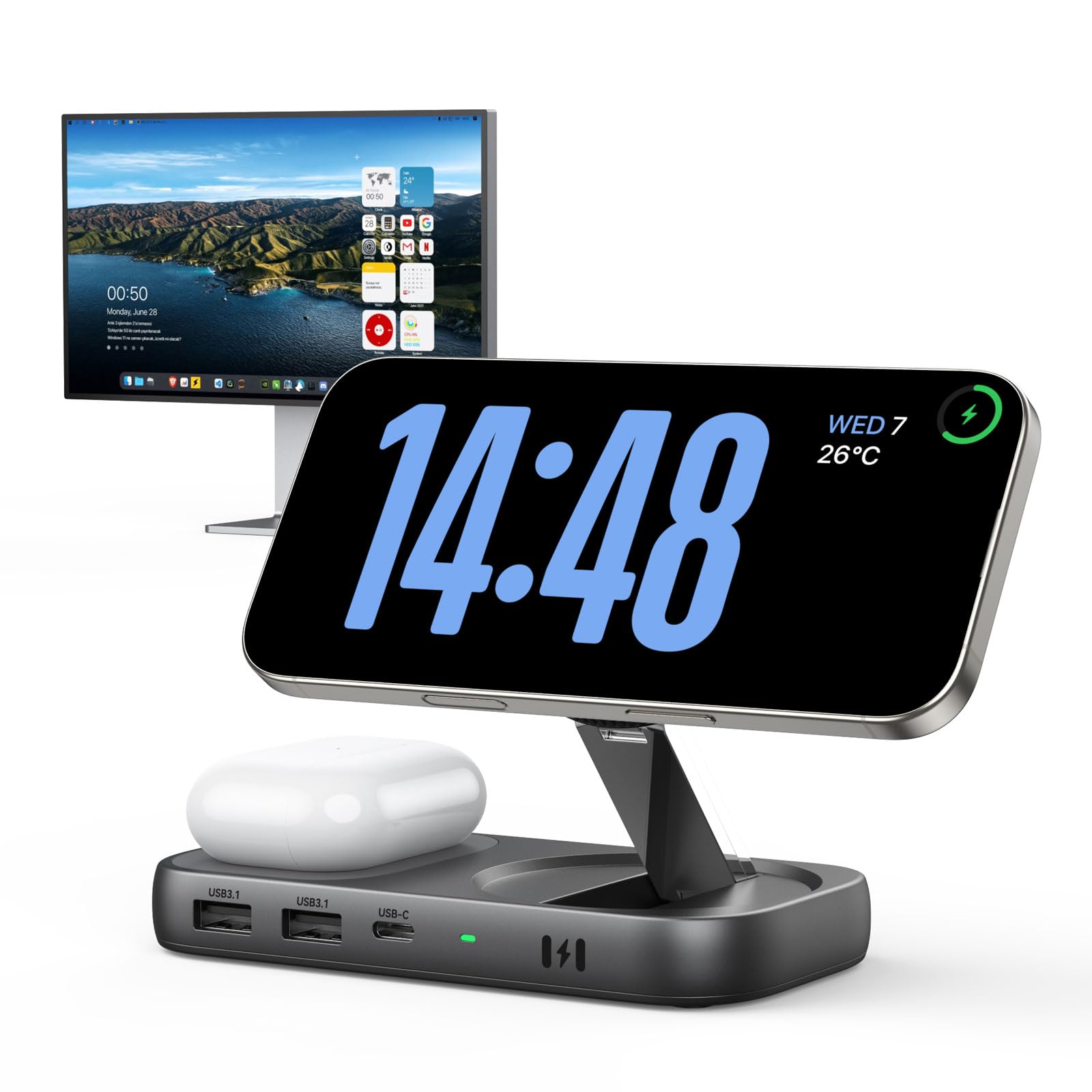 Selore USB C Hub with Wireless Charging for MacBook: 4K@60Hz HDMI, 100W PD, 15W Qi2 + 5W Wireless, 10Gbps Ports, iPhone Mirroring Docking Station & Magsafe Stand, Space-Saving Desk Organizer(Black)