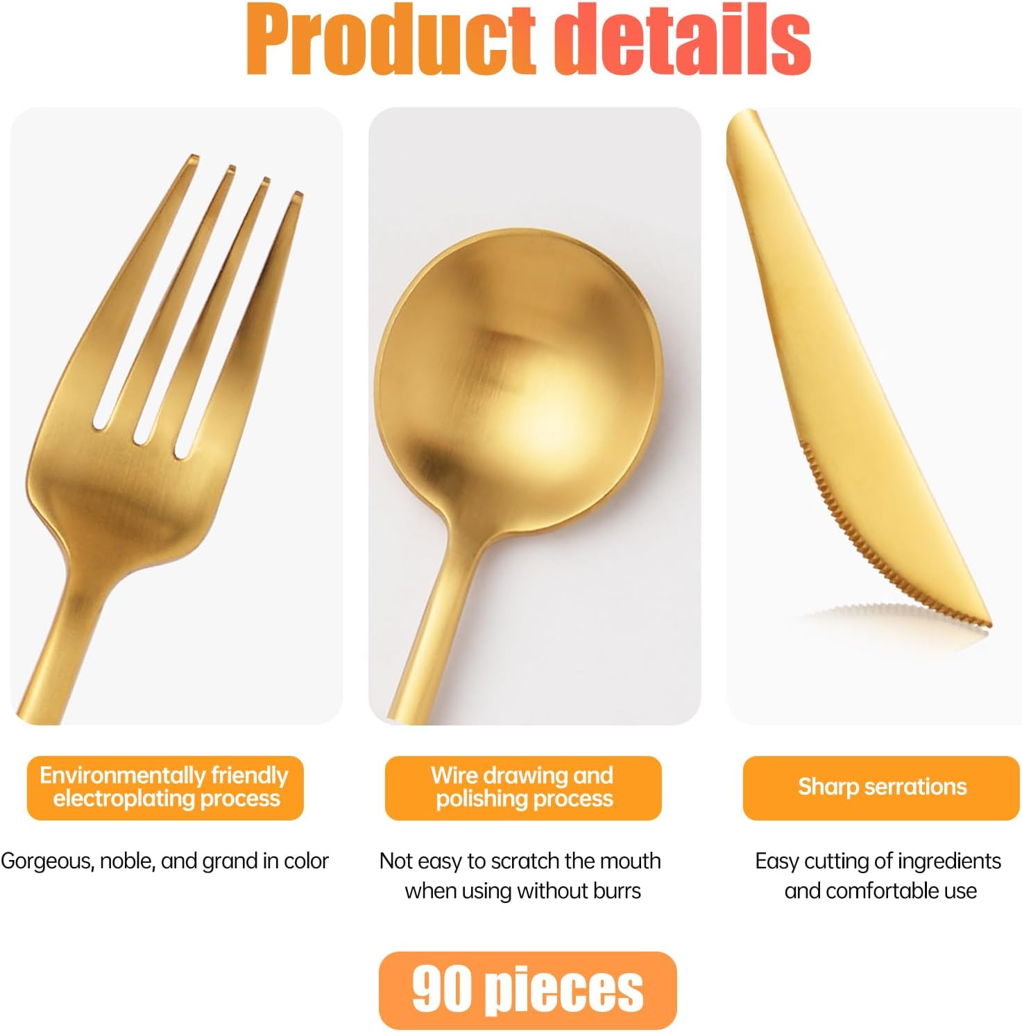 90-Piece Gold Silverware Set for 18 – Stainless Steel Flatware Set with Dinner Forks, Salad Forks, Spoons, Knives & Teaspoons, Luxury Gold Cutlery Set, Dishwasher Safe Utensils for Wedding & Parties