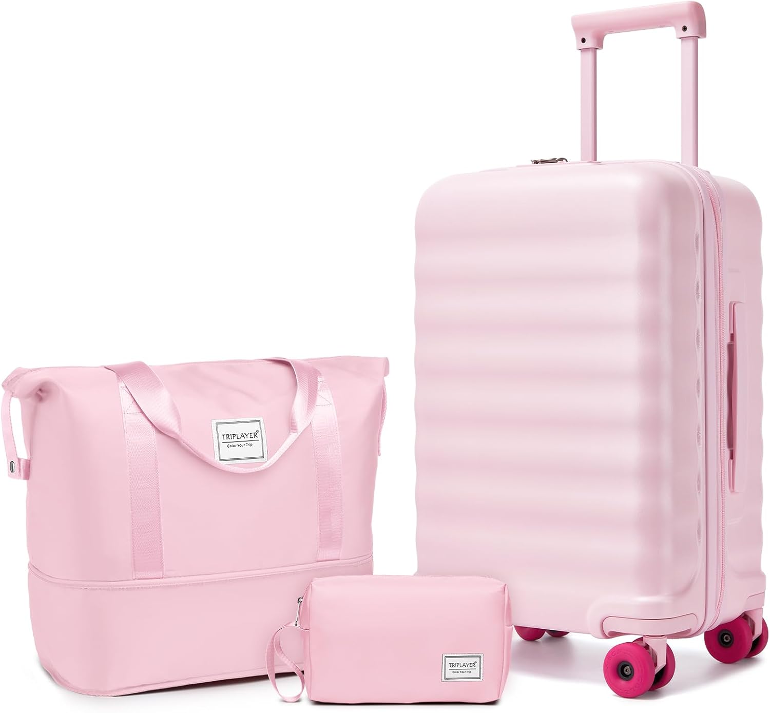 Luggage Sets 3 Piece, Carry On Luggage 22x14x9 Airline Approve PC Hardside Suitcase Set with Wheels TSA Lock, Durable Carry-On Suitcase with Duffel Bag for Women (Pink)