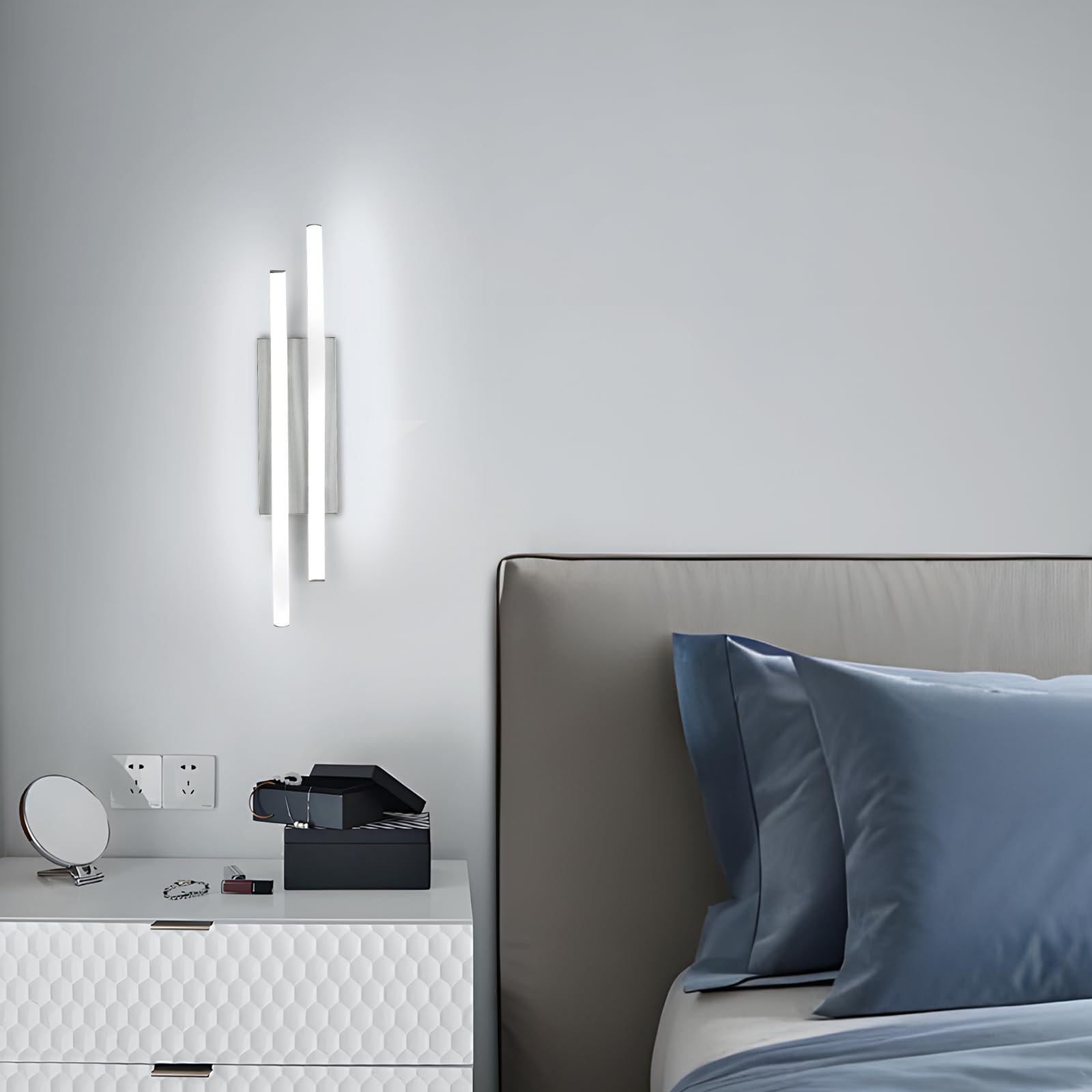 Comely 2 Pezzi Applique da Interno LED, 14W 1575LM Moderna Lampada da Parete per Interni, Lampada a Muro per Soggiorno Camera da Letto, Luce ianca 6500K, Argento, 41cm