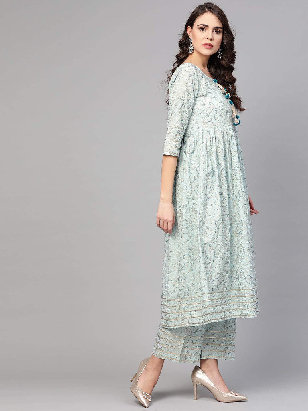 Idalia Cotton Blend Kurta Set For Women, 3/4 Sleeve, Calf-Length, Elegant Design For Special Occasions Multicolour