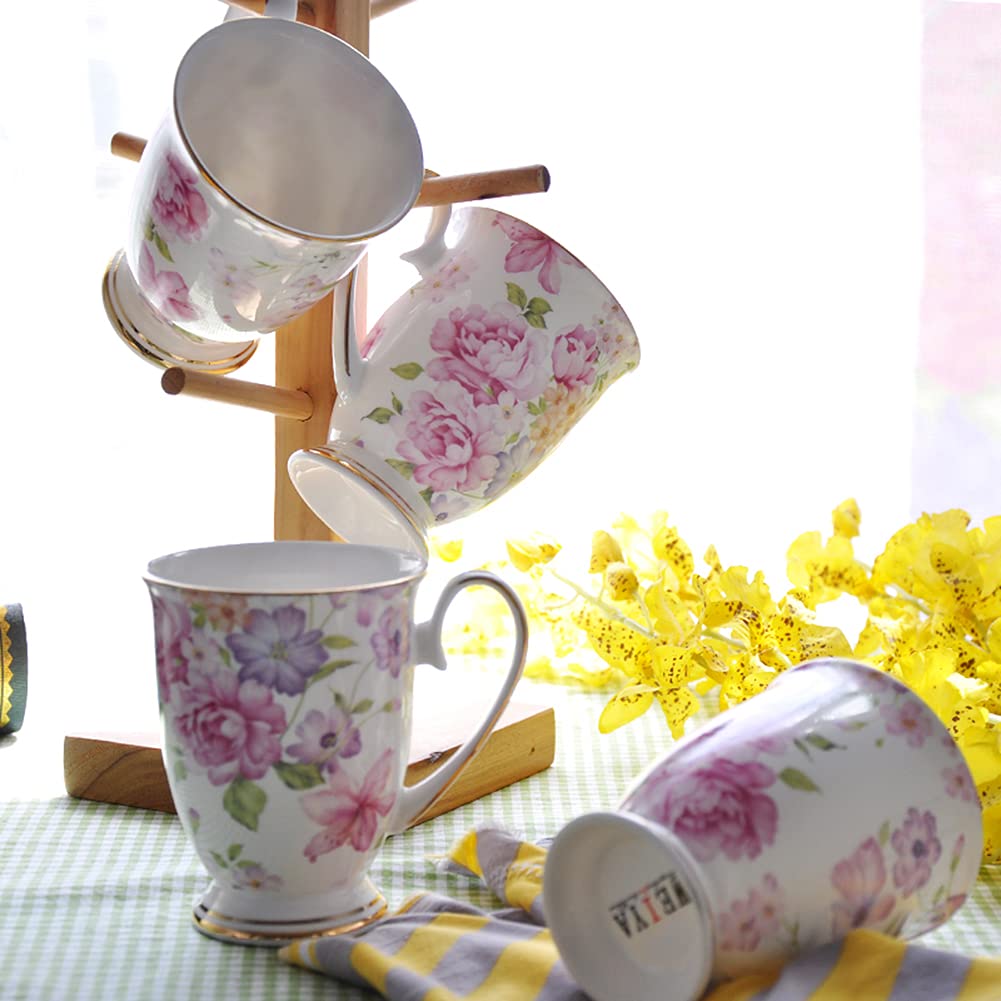 Juego de 4 tazas de porcelana de 312 ml, diseño floral de porcelana de hueso, té, agua, té, té, té, té, capuchino, hogar, cocina, oficina, regalo