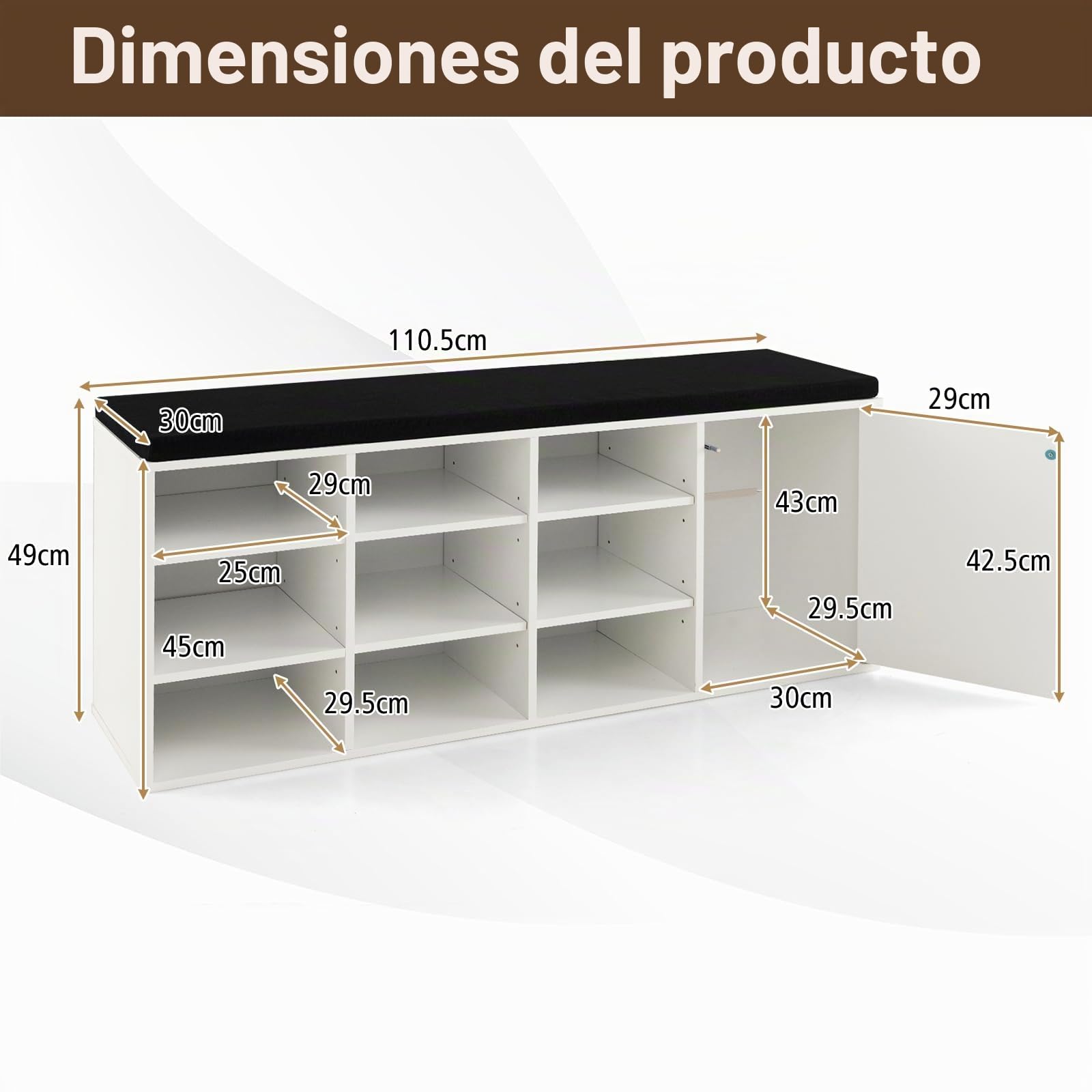 HOMASIS 3 Niveles Banco Zapatero con Estantes Ajustables, Zapatero de Madera con 9 Compartimentos y Cojín Acolchado, Banco de Almacenamiento para Pasillo, Sala de Estar, 110,5 x 30 x 49 cm (Blanco)
