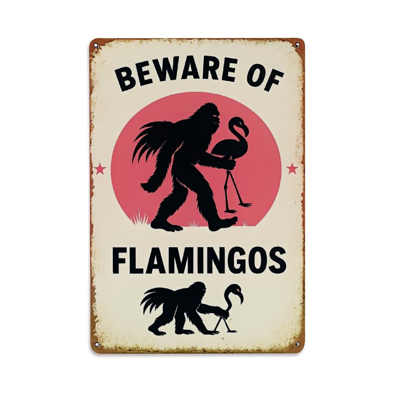 Beware Of Flamingos Bigfoot Silhouette Vintage Tin Sign Retro Metal Wall Decor Metal Poster, Home Bar Garage Farmhouse Cafe Wall Art Decoration 8x12Inches