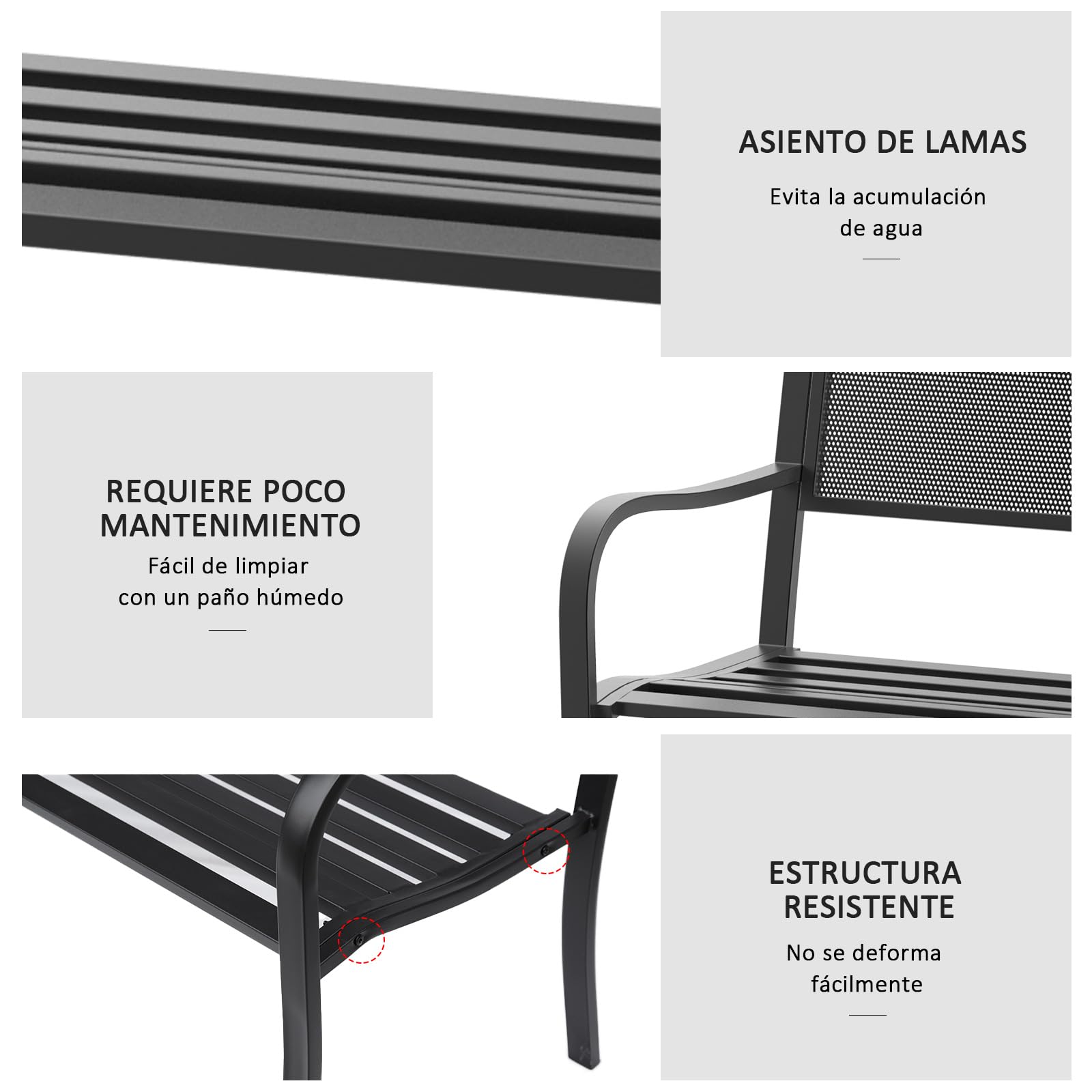 Outsunny Banco de Jardín de 2 Plazas Banco Exterior 127x60x87 cm Negro | Respaldo de Malla de Acero, Carga 240 kg, para Patio Terraza Balcón