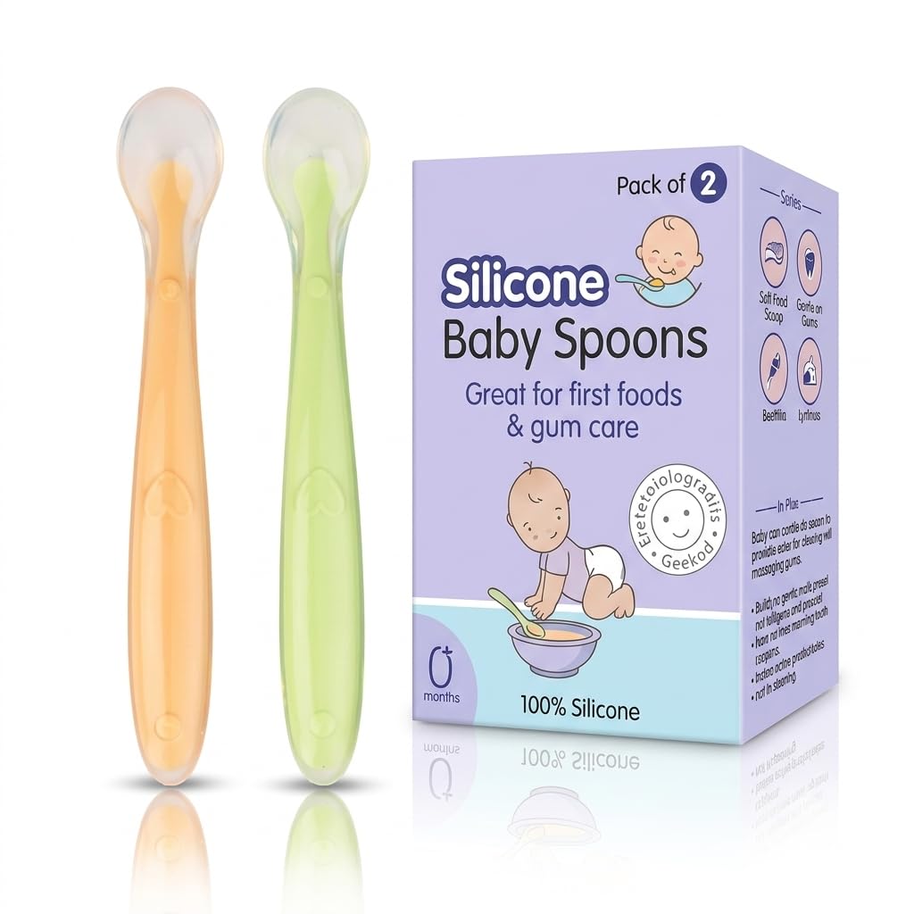 Baby Feeding Silicone Spoon Set of 2 with Ultra Supple 100% Silicon Tip,Bpa Free Material with Food Grade Silicone Tip,Self Feeding Utensil,Baby Weaning Spoon for Kids 4 Months+(Random Color),16 Cm-image-38