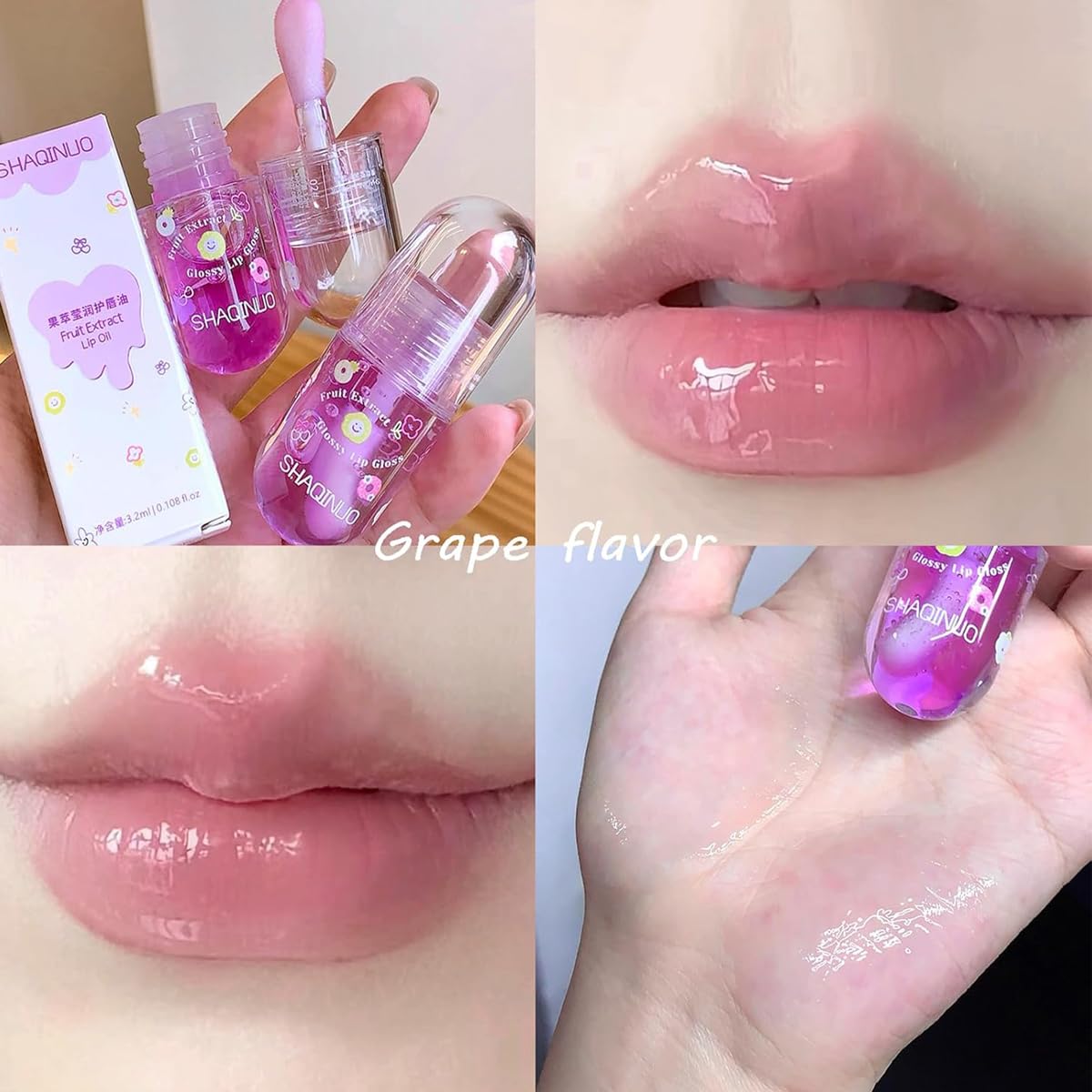 Juego de 4 aceites de brillo labial con sabor a fruta, aceite de labios para cabeza de cepillo grande, bonito brillo labial hidratante y nutritivo, aceite de brillo labial con acabado brillante 5