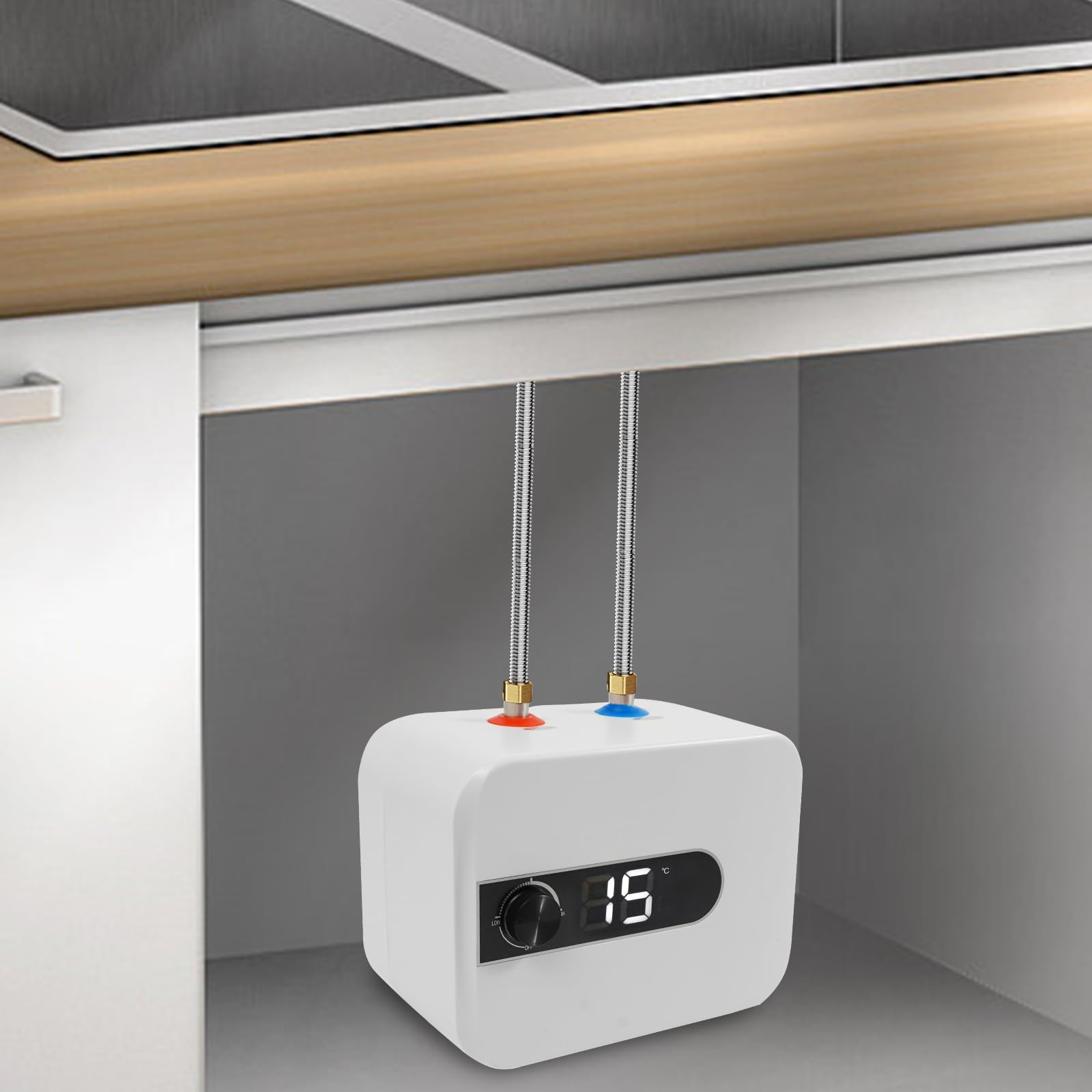 Minicalentador de agua eléctrico de 5 litros, depósito de agua caliente de 1500 W con regulador de temperatura, calentador de agua caliente para cocina y baño, protección IPX4, color blanco