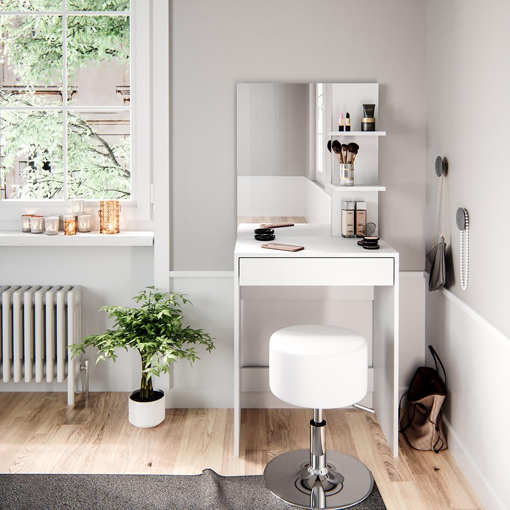 Vicco Tavolo da toeletta Isabelle, Bianco, 60 cm con sgabello, Salvaspazio e funzionale allo stesso tempo