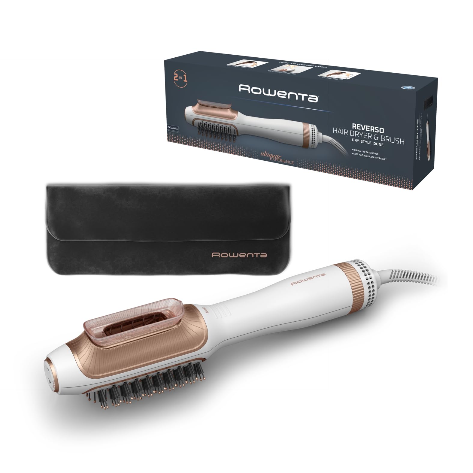 Reverso de Rowenta, Secador de Pelo y Cepillo de Aire Caliente 2 en 1, Peinado y Secado, Cambio con un Click, Función Care, CF9820F0