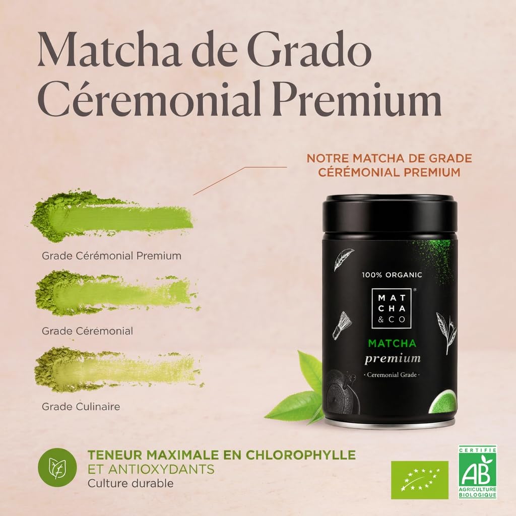 Matcha & CO | Thé Matcha Cérémoniel Biologique – Sans Pesticides – Qualité Supérieure – Poudre de Thé Vert Japonais – 80 g