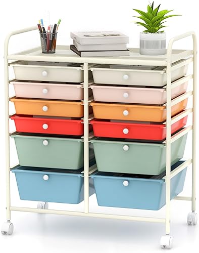 Miniatura 8 de Happygrill Carrito de almacenamiento con ruedas de 12 cajones, carrito organizador multiusos para oficina en casa, escuela, carrito utilitario con