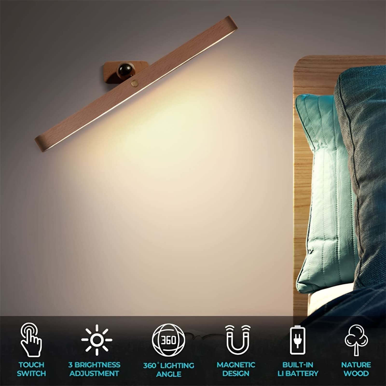 Lot 2 Appliques Murales Sans Fil Rechargeables - Lampe LED 360° 3 Luminosités 3 Températures - Grain De Bois
