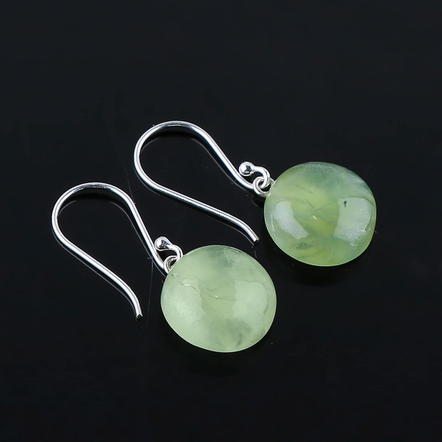 Natural Prehnite Round Shape Gemstone Dainty Dangling Earring, 925 Sterling Silver Designer Earrings, Handmade Jewelry, Birthstone, Elegant Statement Earring, Gift for Her - Image 2
