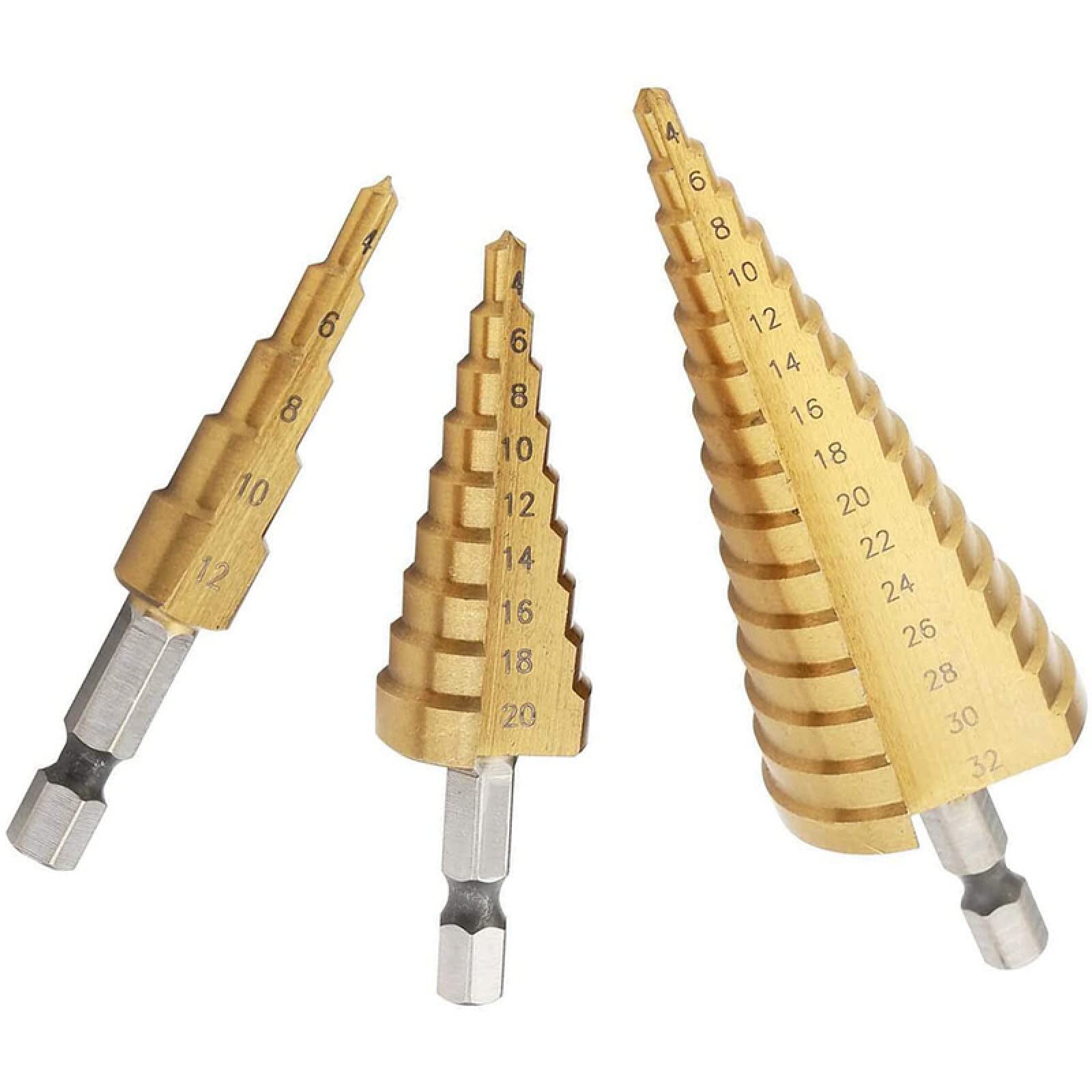 HSS Stufenbohrer, Vegena HSS Hex Shank Stufenbohrer 4-12 mm / 4-20mm / 4- 32mm Titannitriert Schritt Schälbohrer Schälbohrersatz Set Konusbohrer Kegelbohrer 3-tlg HSS Stufenbohrer, Vegena HSS Hex Shank Stufenbohrer 4-12 mm / 4-20mm / 4- 32mm Titannitriert Schritt Schälbohrer Schälbohrersatz Set Konusbohrer Kegelbohrer 3-tlg