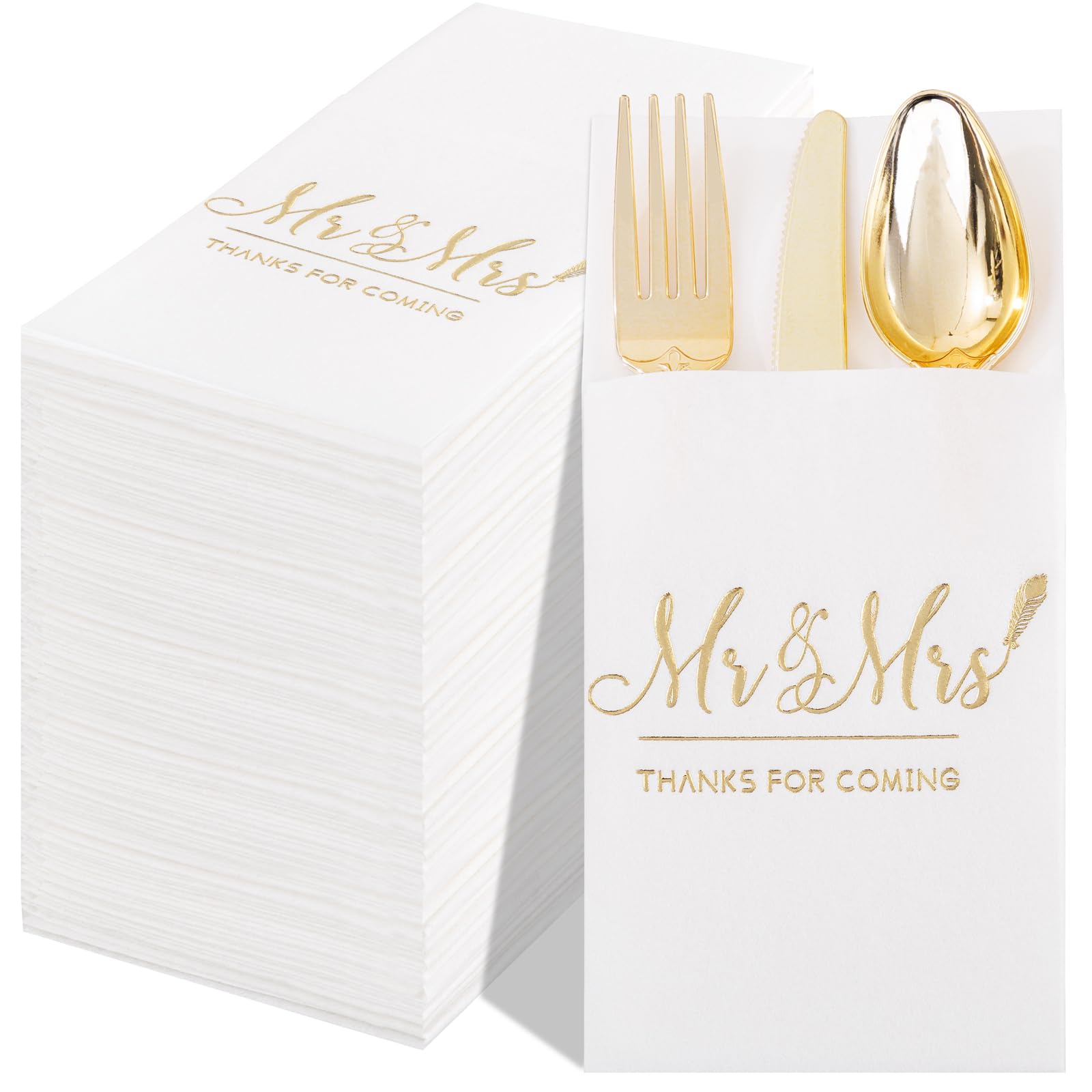Nervure 100PCS Wedding Napkins with Built-in Flatware Pocket - White and Gold Mr & Mrs Prefolded Cloth Like Disposable Napkins for Wedding & Bridal Shower