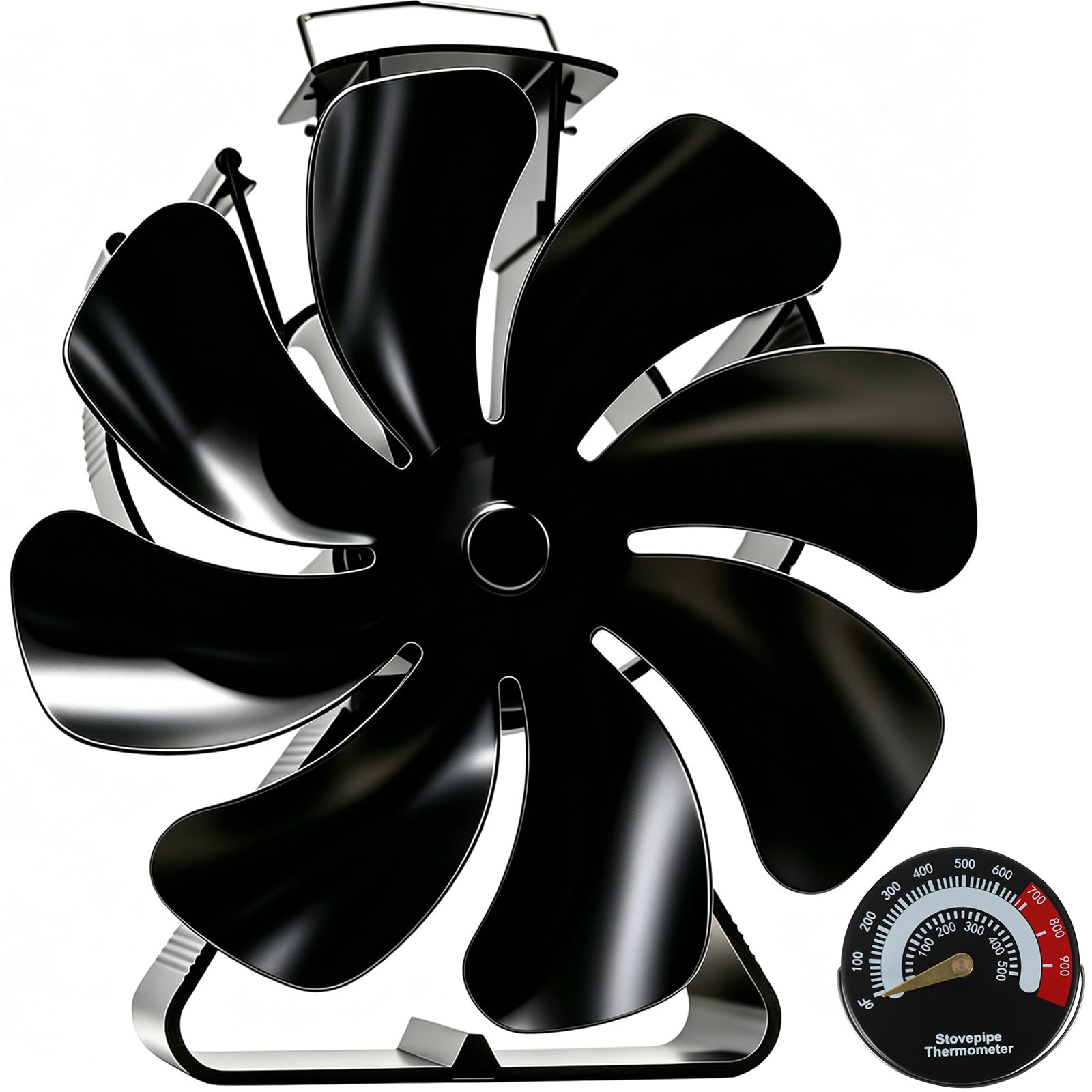 VODA Wood Stove Fan Heat Powered 8 Blades Fireplace Fans Non Electric, Heat Activated Thermal Fan for Wood Burning Stove/Log Burner, w Stove Accessories Thermometer