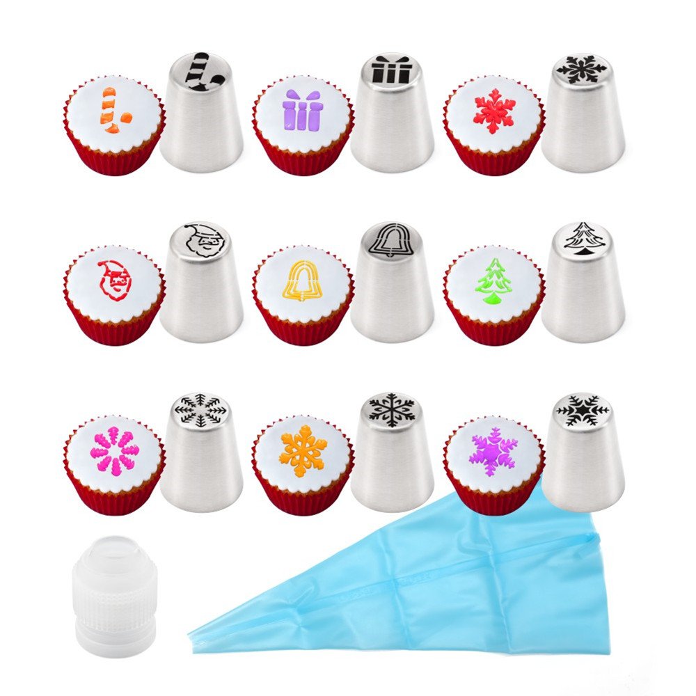 AK ART KITCHENWARE 9PCS Christmas Russian Icing Piping Cream Nozzle Stainless Steel 1pcs Pastry Coupler Plastic 1pcs Silicone Pastry Bag