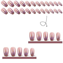 Short Press on Nails Square,RTKHFZE Glitter Fake Nails Glossy Nude False Nails Full Cover Acrylic Stick on Nail 24Pcs Nails Press ons for Women