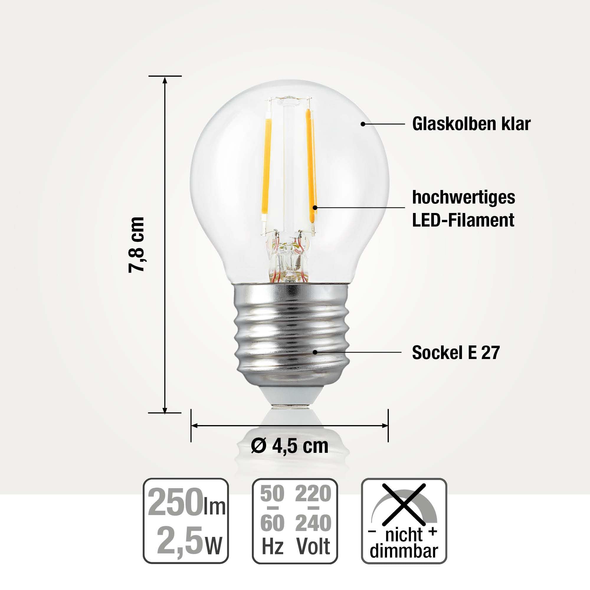 hellum 10 x E27 LED Lampe mit 2,5W ersetzt 25W Glühlampe, Mini Globe 250lm 2700K E27 Vintage warmweiß klar 209105 (Packung mit 2)