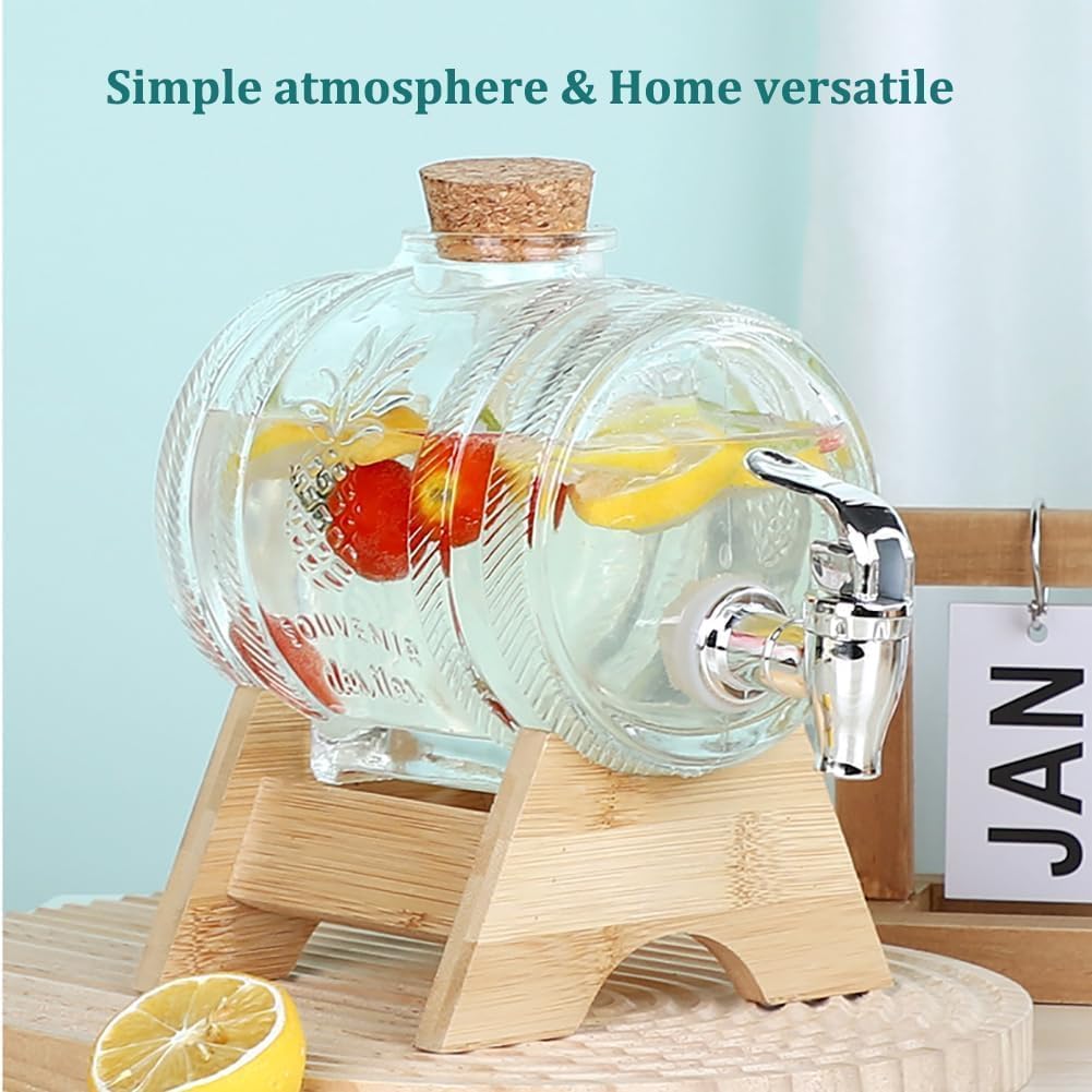 Glass Beverage Dispenser, 1L/3L Ice Beverage Dispenser with ABS Faucet and Wooden Stand, Cold Drink Dispenser, for Office Party Daily Use,1L