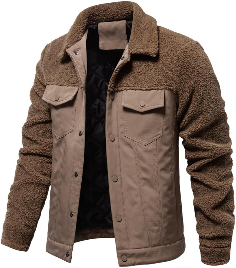 evzosrz Men's Winter Jacket Sherpa Lined Fleece Trucker Jackets Thick Thermal Warm Coat Lapel Work Cargo Jackets for Men