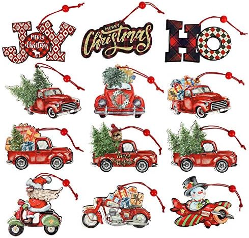12 Pieces Christmas Ornaments Red Truck Christmas Tree Decoration Wooden Farmhouse Hanging Crafts