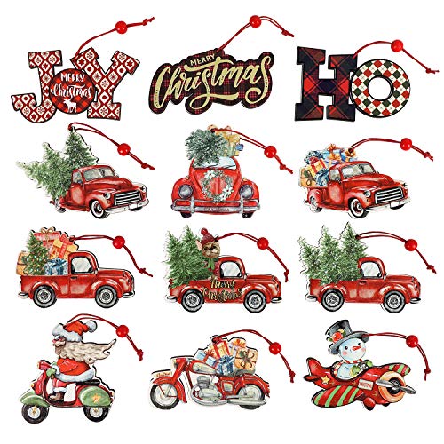 12 Pieces Christmas Ornaments Red Truck Christmas Tree Decoration Wooden Farmhouse Hanging Crafts #TOP30