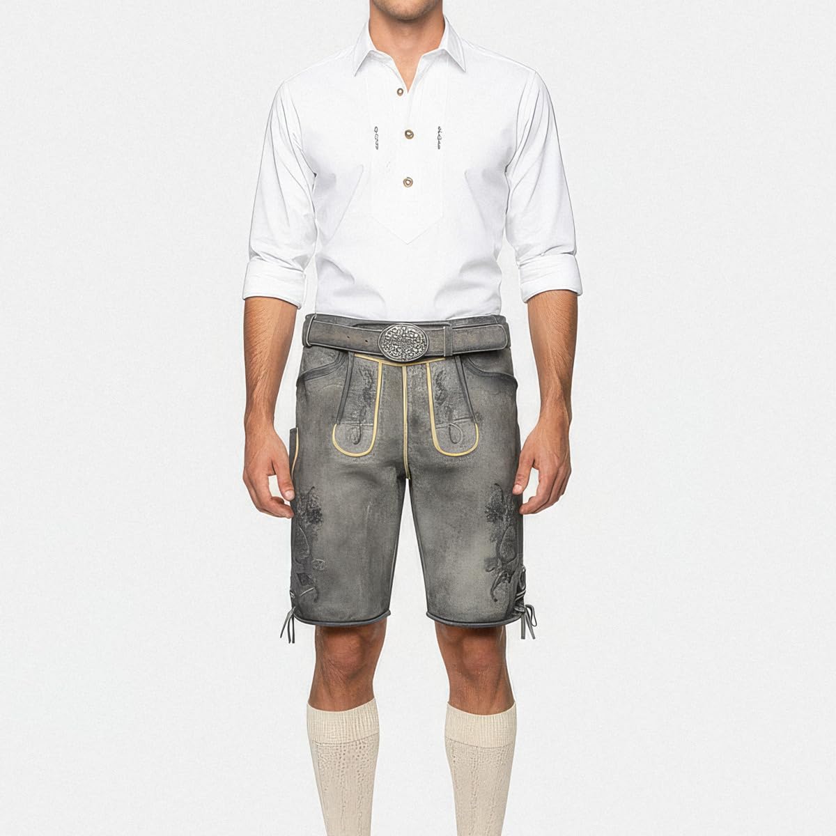 Krüger Herren Trachten Lederhose kurz, Modell: Lederhose Mirko mit Gürtel, Knielang, Tracht, Volksfest