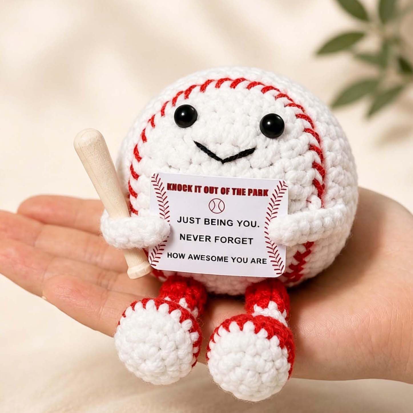 QINJIEJIE Baseball Gifts Positive Knitted, Cute Crochet Ball Knitted Baseball with Encourgement Card Inspiring Birthday Gifts for Friends Girls Sports Lovers Gift