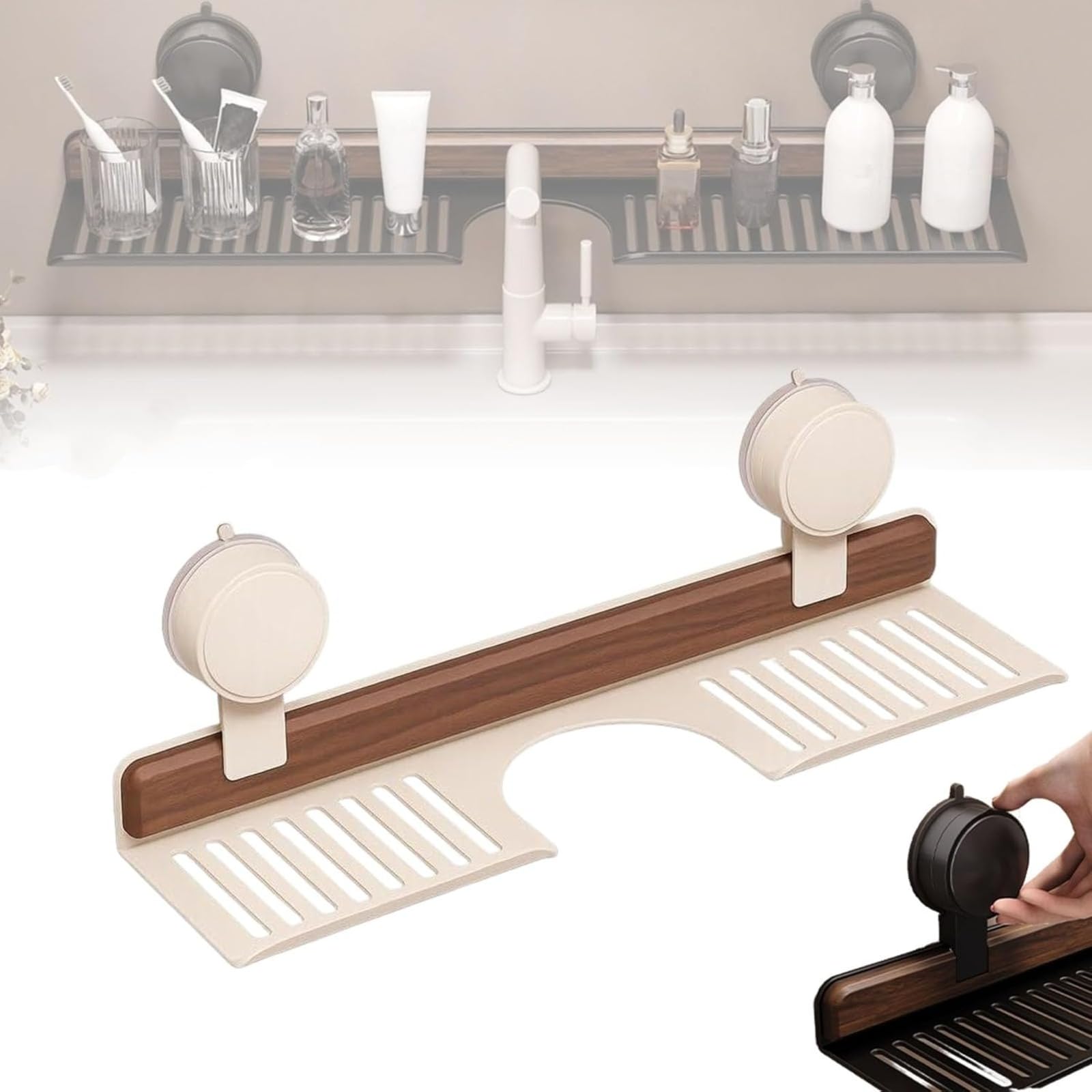 Étagère salle de bain bois noyer sans perçage : rangement mural ventouse pour robinet caravane