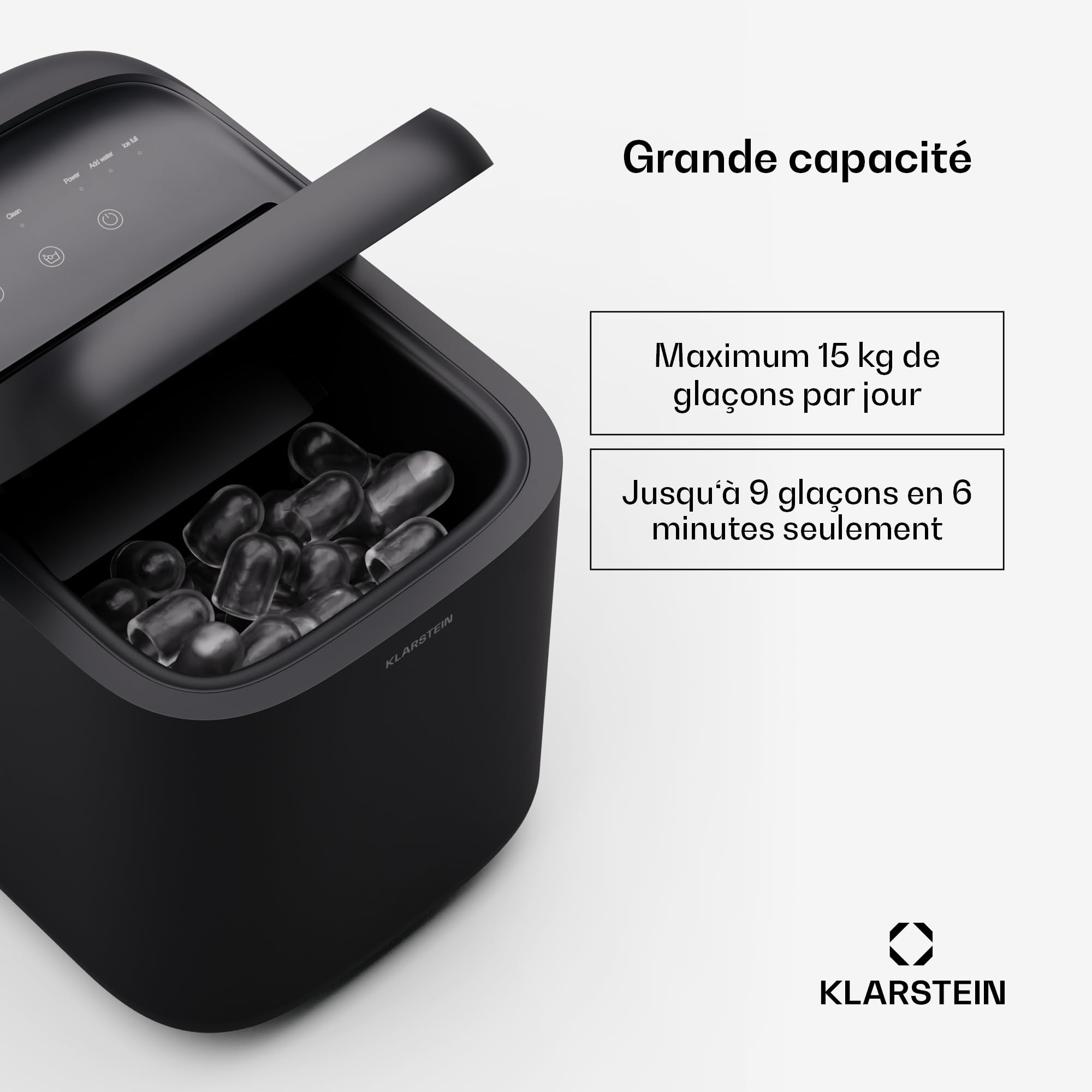Klarstein SparkIce machine à glaçons - 15 kg/24 h, 6 min, 2 tailles, nettoyage auto, tactile, pelle incluse, à glaçons maison, petite machine, noir