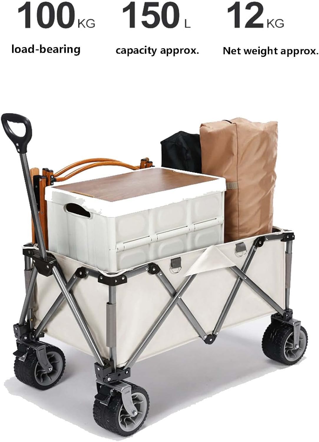 TREPPE Carrito Trolley Plegable 150 kg – Ruedas 360° Todo Terreno, Mango Ajustable, Acero Carbono – Ideal Playa, Camping, Picnic y Mercado