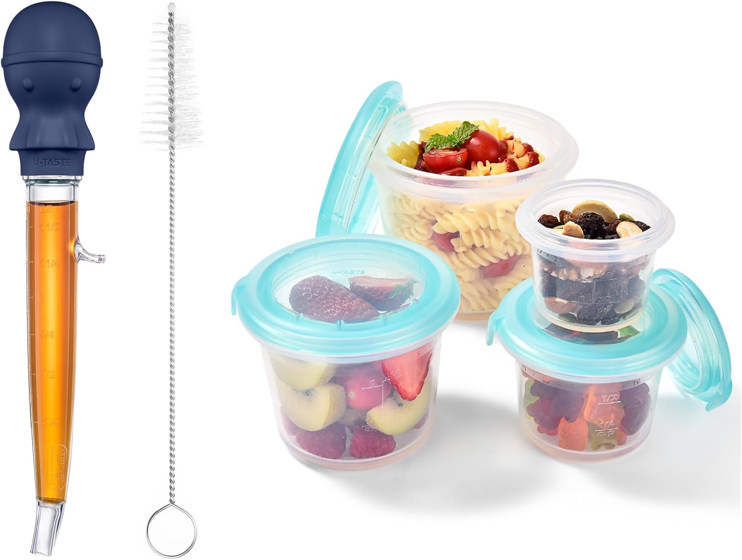 U-Taste 228.2℉ Heat Resistant 1.5oz Angled Turkey Baster (Midnight Blue) and 2oz/4oz/8oz/16oz Silicone Food Storage Containers Set Meal Prep Box Set of 4 (Aqua Sky)