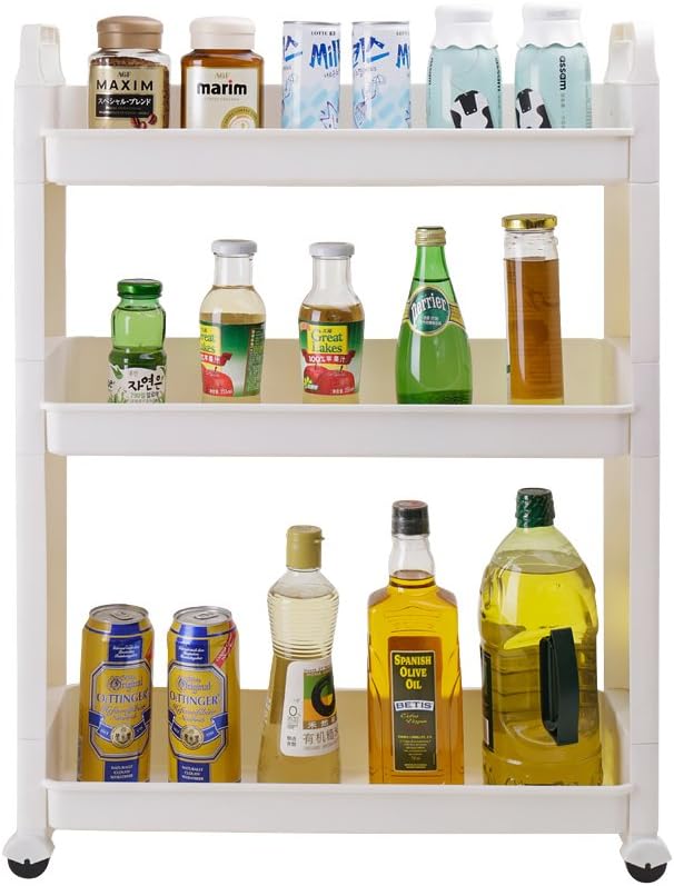 BAOYOUNI Between Washer Dryer Cabinet Slim Storage Cart Slide Out Shelf Rack Tower Rolling Narrow Space Organizer on Wheels for Laundry, Bathroom, Kitchen & Living Room (3-Tier)