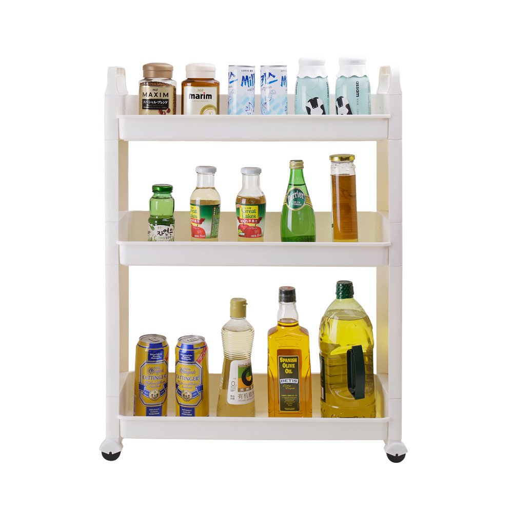 BAOYOUNI Between Washer Dryer Cabinet Slim Storage Cart Slide Out Shelf Rack Tower Rolling Narrow Space Organizer on Wheels for Laundry, Bathroom, Kitchen & Living Room (3-Tier)