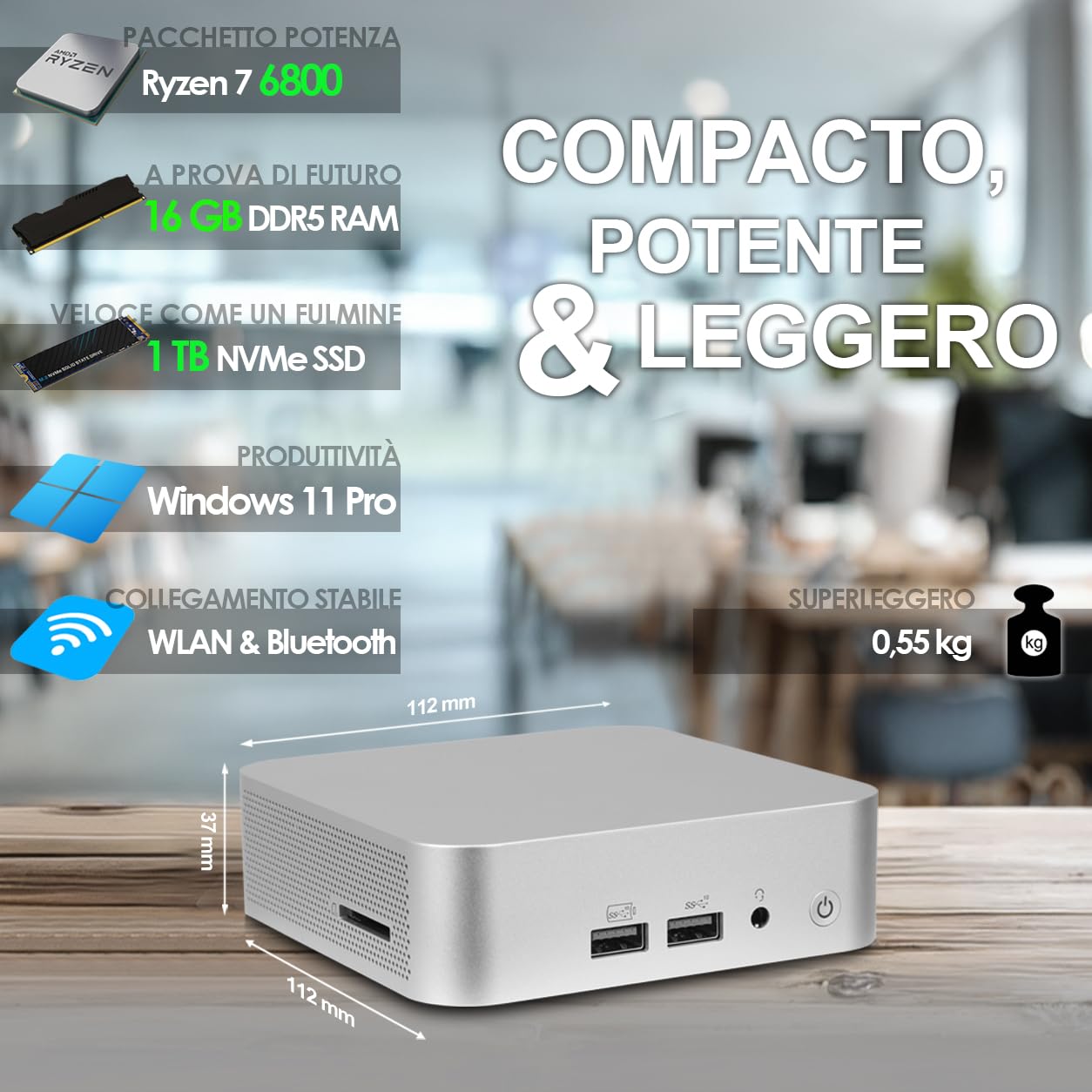 Ankermann ANK-IX A6 Mini PC AMD Ryzen 7 16GB RAM SSD 1TB MS Office 2024 | PC compatto per ufficio e home office — Windows 11 Pro, MS Office 2024 Professional Plus, Wi-Fi 6 e Bluetooth inclusi