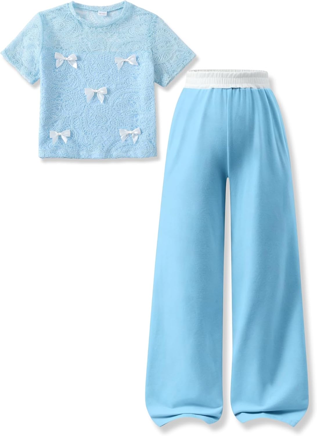 Size 7-14 Years Tween Girls 2 Piece Outfits Bow Lace Short-Sleeved Tops + Wide Leg Pants Clothing Set