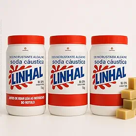 Kit 3x Soda Cáustica Pura Linhal 99% 1kg Desentupidor Extra Forte, Limpeza Pesada e Economia para Produção de Sabão Artesanal