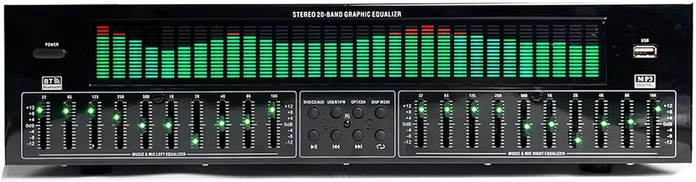 31-Band Digital Equalizer Stereo Graphic Equalizer with Remote Control, Audio Cable, 12 Rhythm Patterns, Automatic Noise Reduction, LED Spectrum Analyzer for Recording Studio