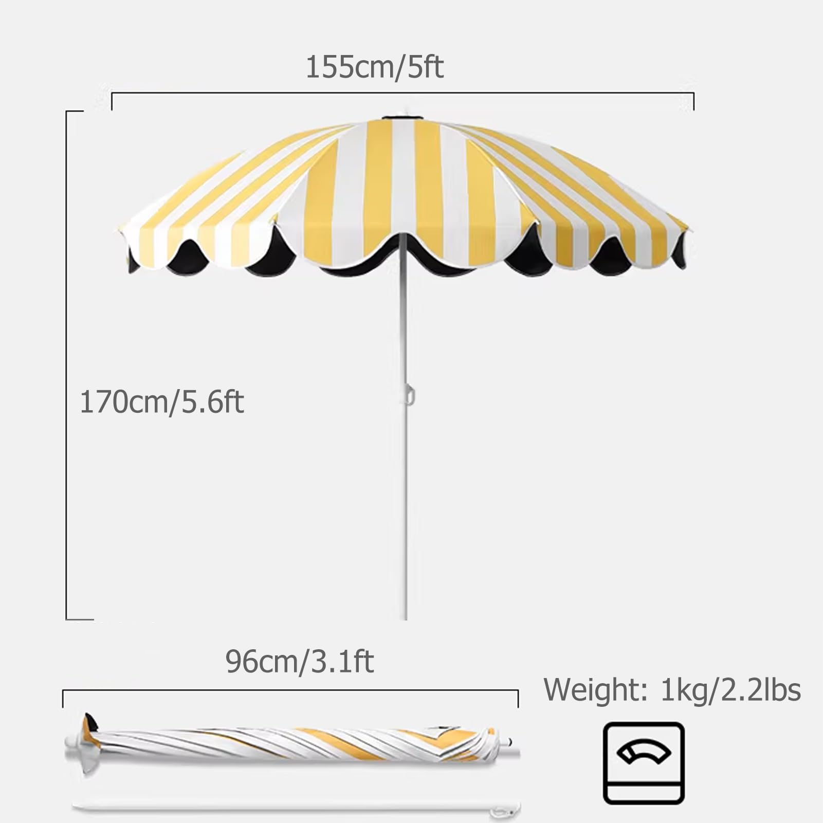 5 stóp żółty biały pasiak Boho Holiday Beach Parasola, zewnętrzny przenośny parasol ogrodowy z 50 + Protect, wodoodporny, regulowana wysokość na kemping, imprezy sportowe