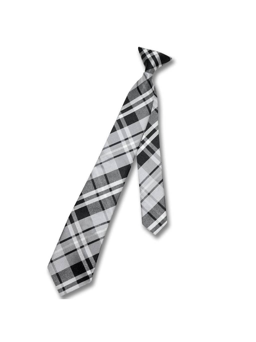 Vesuvio Napoli Boy's Clip-ON Necktie Black Grey White Plaid Youth Neck Tie