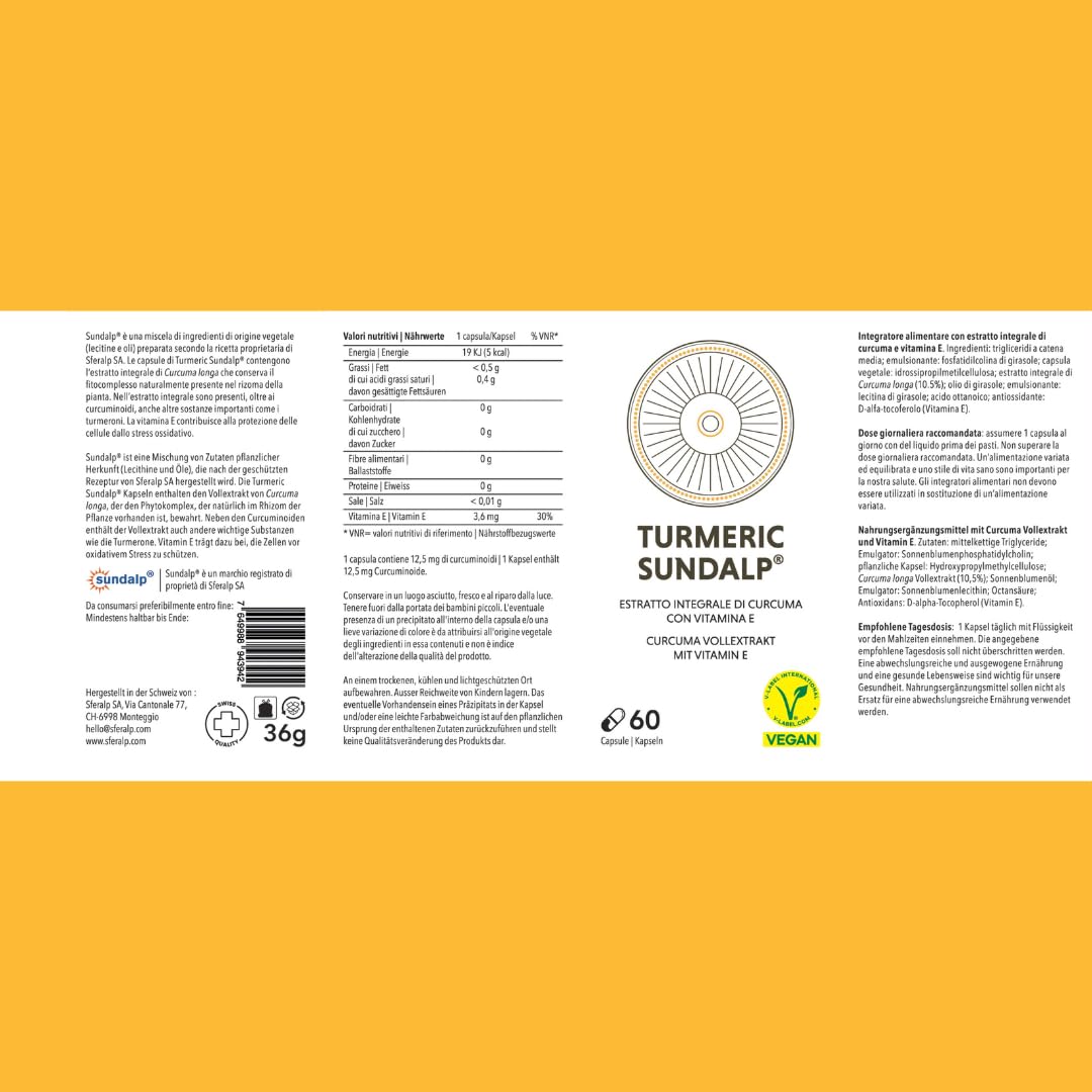 SUNDALP Turmeric | Integratore per Benessere Digestivo e Articolare | Integratore Alimentare con Estratto Integrale di Curcuma Longa e Vitamina E - 60 Capsule