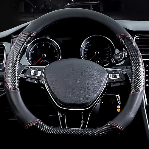 Miniatura 2 de Funda de volante de fibra de carbono y cuero en forma de D, elegante funda de cuero antideslizante para automóvil, interior de automóvil de 15