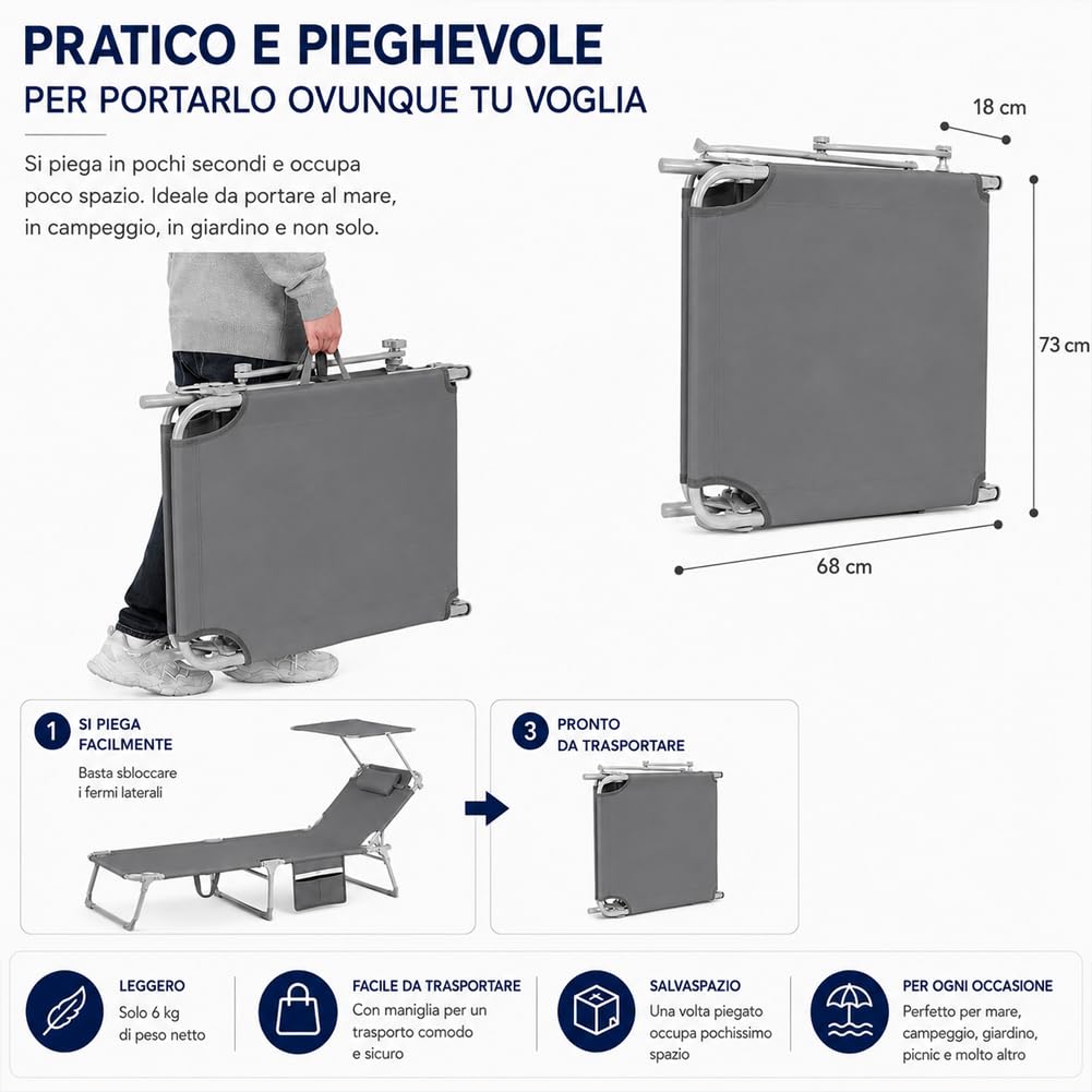 BAKAJI Set 2 Lettini Pieghevoli da Spiaggia per Esterno, Sdraio da Mare con Parasole Reclinabile e Cuscino Ergonomico, Struttura Salvaspazio e Tasca Portaoggetti, Rivestimento Traspirante (Grigio)