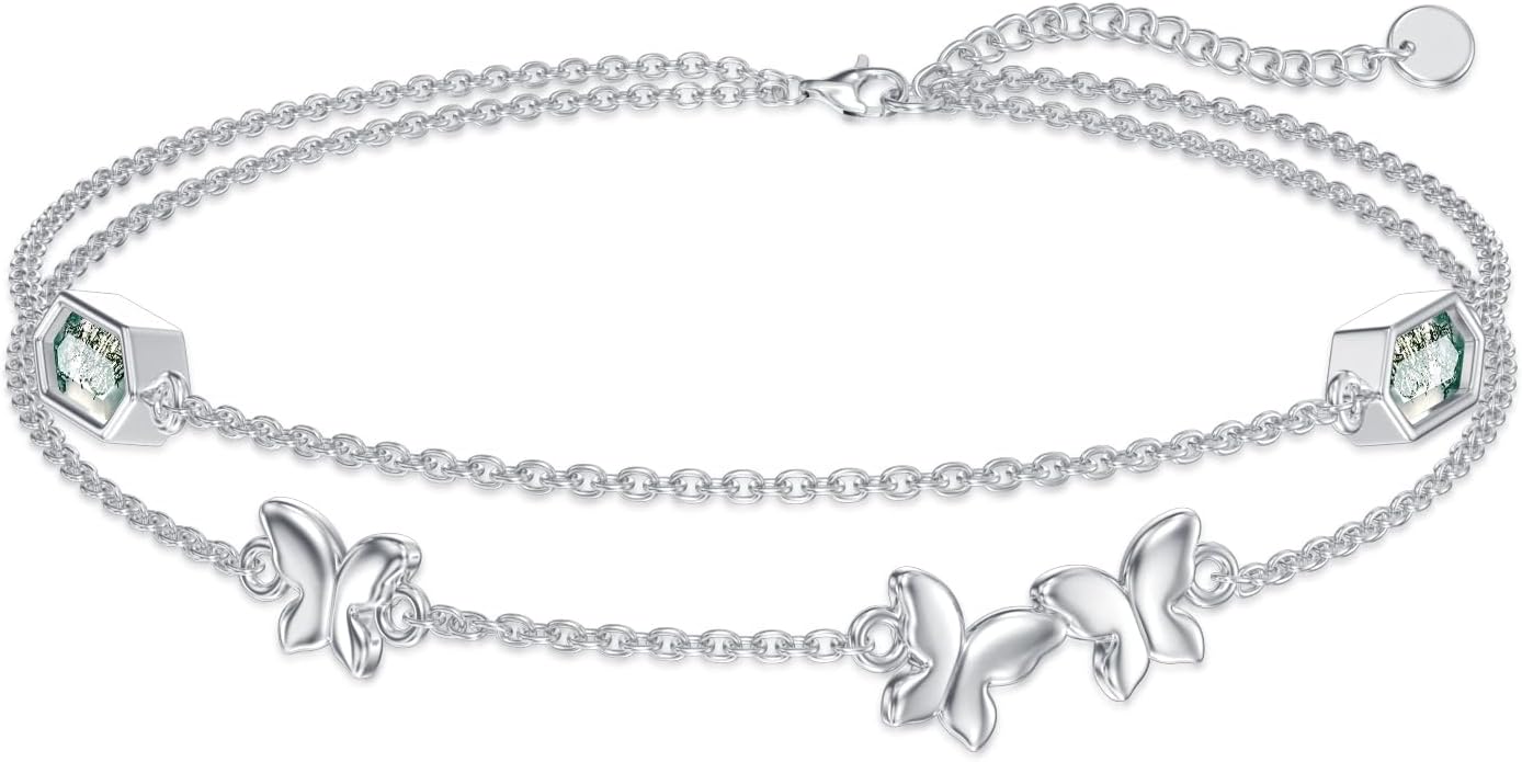 WSX Moss Agate Butterfly Adjustable Bracelet for Women Sterling Silver Butterfly Jewelry Gifts for Christmas Birthday Mother Day for Mom