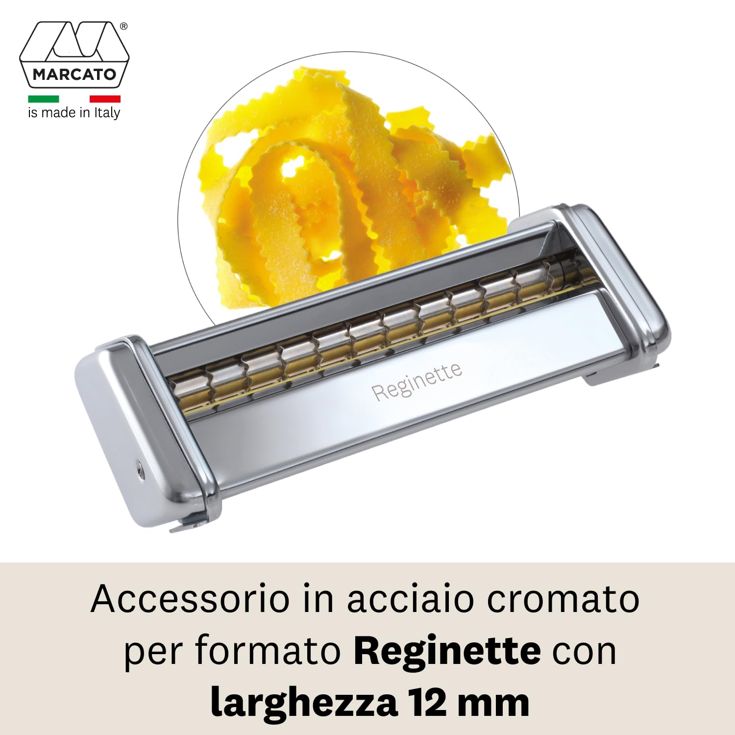Marcato Atlas 150 Macchina per la Pasta + Accessorio Reginette e Trenette, Pasta Maker, Tirapasta in Acciaio Cromato, 10 Spessori, Compatibile con Motore e Accessori Extra, Made in Italy