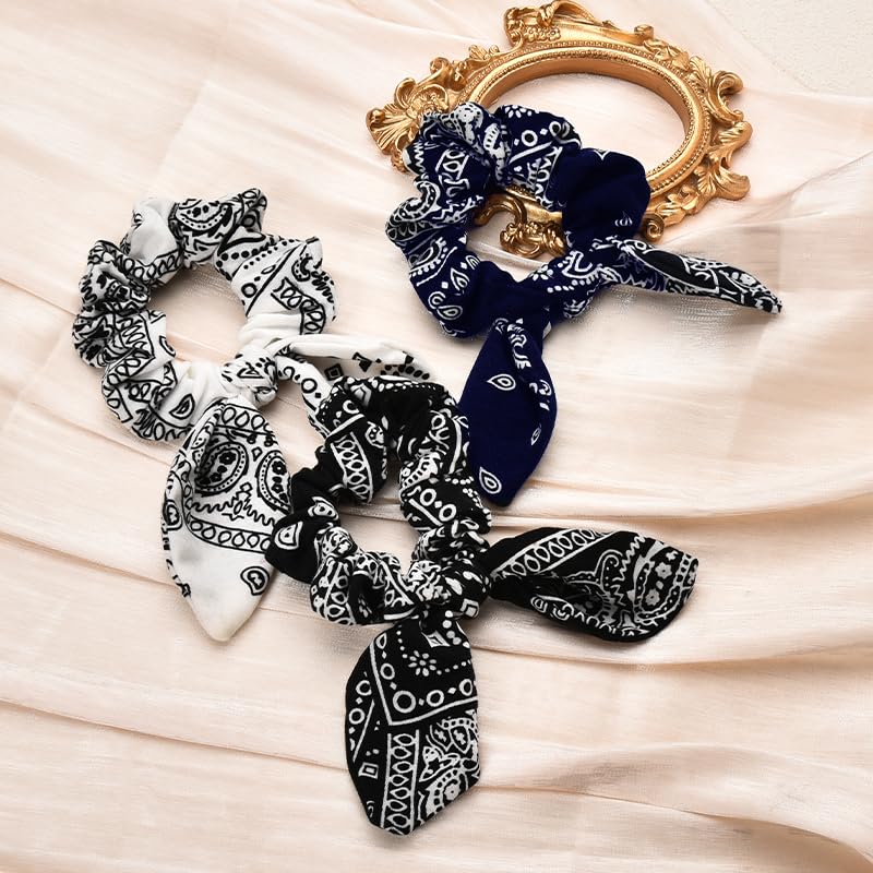 Scrunchy Hair Ties Bandana Hair Bow Ribbons for Women Bunny Ear Scrunchies for Women Girls 3Pcs Paisley Ponytail Holders - Image 4