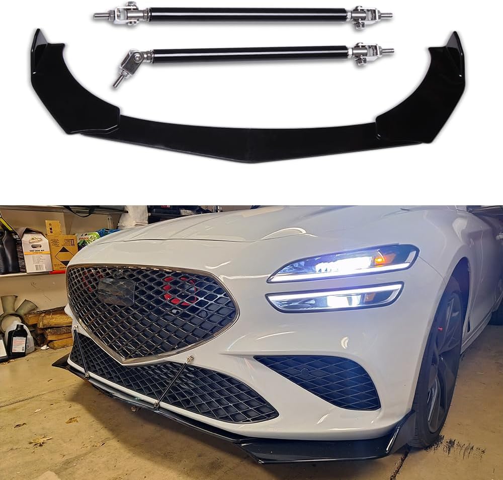 DREAMIZER Universal Front Bumper Lip Strut Rod Spoiler Wing Wide Body Kit Spoiler with Adjustable 8"-11" Support Splitter Rods (Black) - Sharp Corner