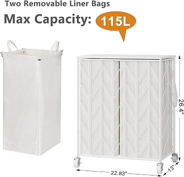 WOWLIVE Double Laundry Hamper with Lid, Rolling Laundry Basket with Wheels | Heavy Duty Wire Clothes Hamper with Divided Removable Bags, Large Iron-Made Laundry Sorter Laundry Room Organization, White